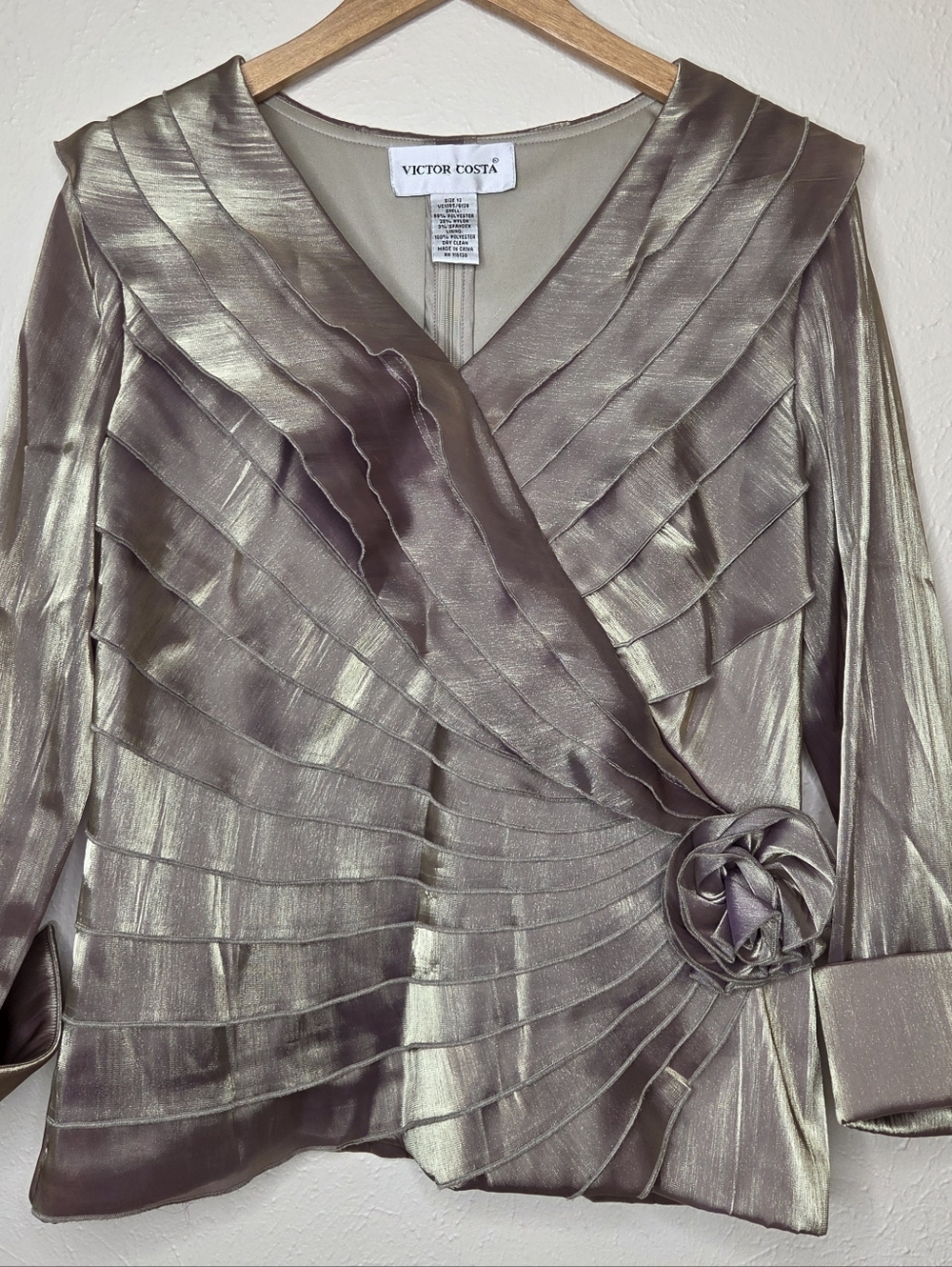 VICTOR COSTA Metallic Blouse Jacket Size 12 Gold Champagne Shimmer Top Dynasty